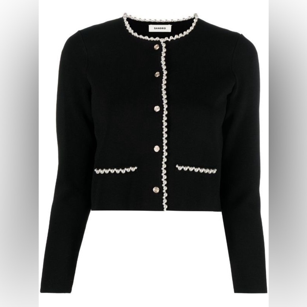 Sandro Black Pearl-Trim Cropped Cardigan